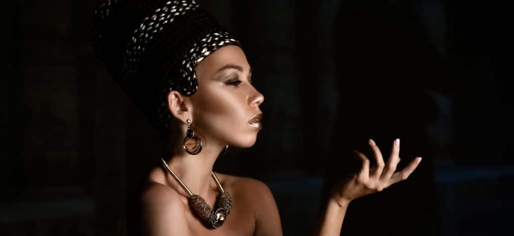 Woman art photo, creative makeup; Nefertiti Neck Lift