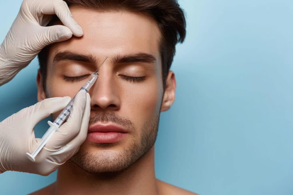 Young man receives botox injection for facelifting