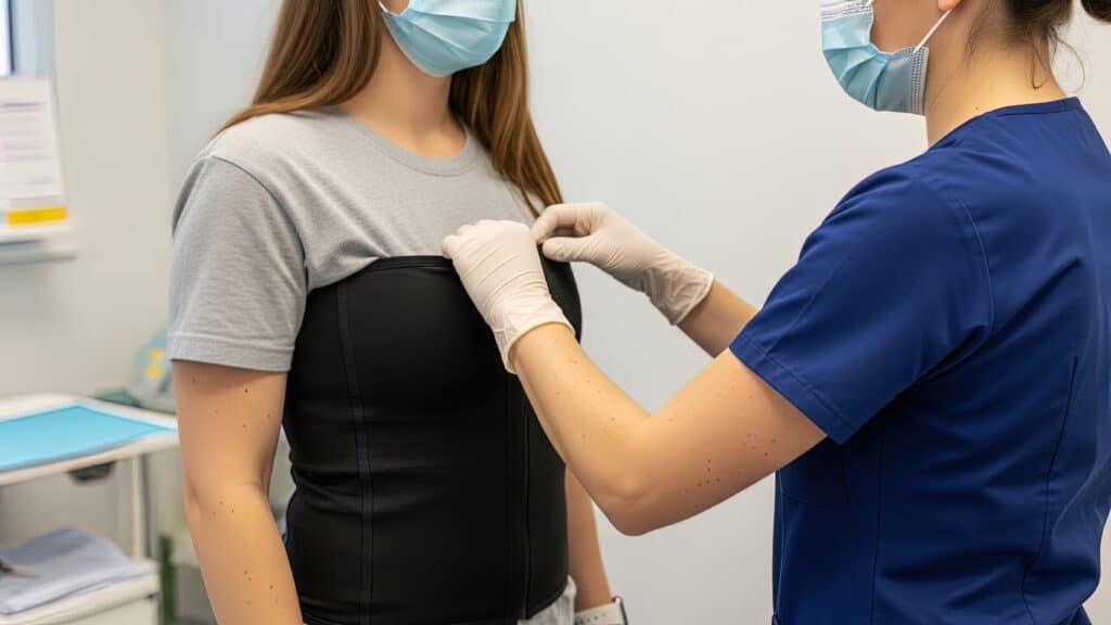 Healthcare Professional Adjusting Post-Operative Compression Garment on Female Patient in Clinic