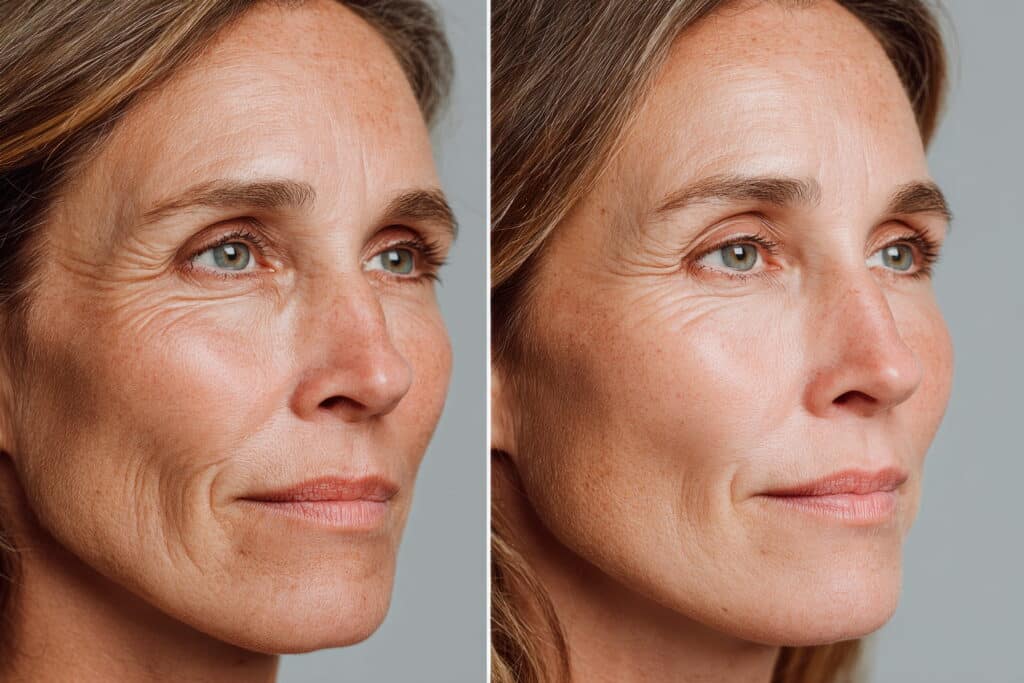 Before and after botox treatment showing reduction in wrinkles on mature woman's face