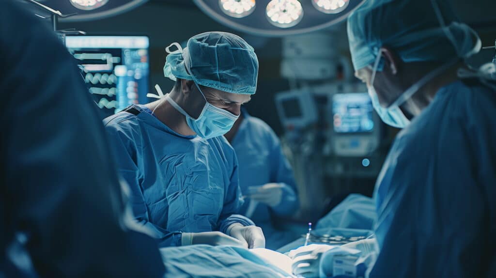 Surgeons monitor advanced robotic arms performing complex microsurgery